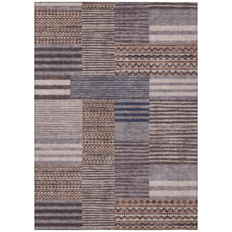 Gray and brown patchwork area rug with layered stripes and geometric bands