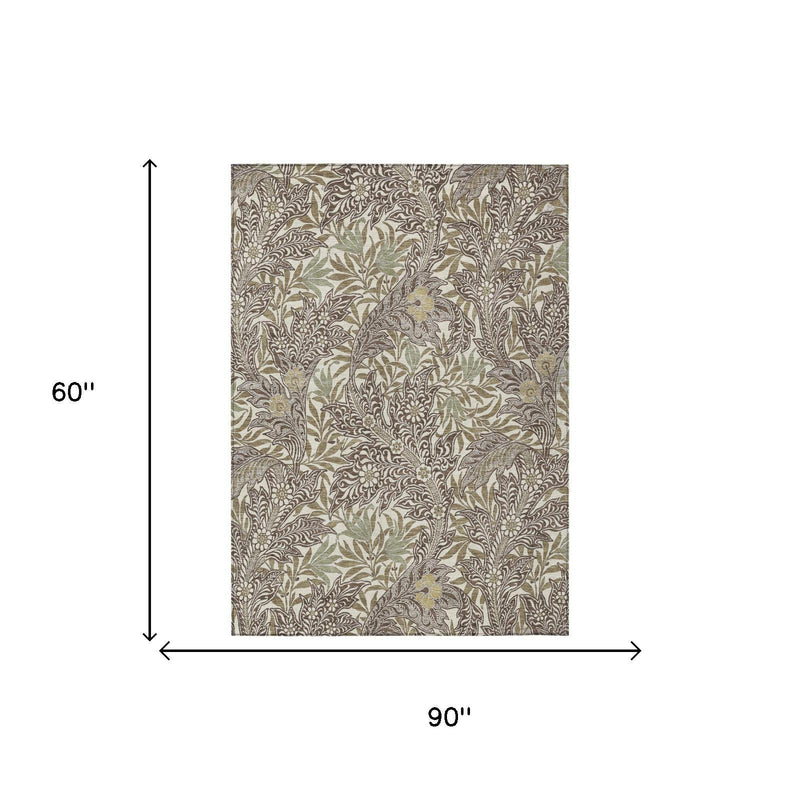 Washable botanical area rug, 90 in x 60 in, scrolling leaf pattern in beige and brown