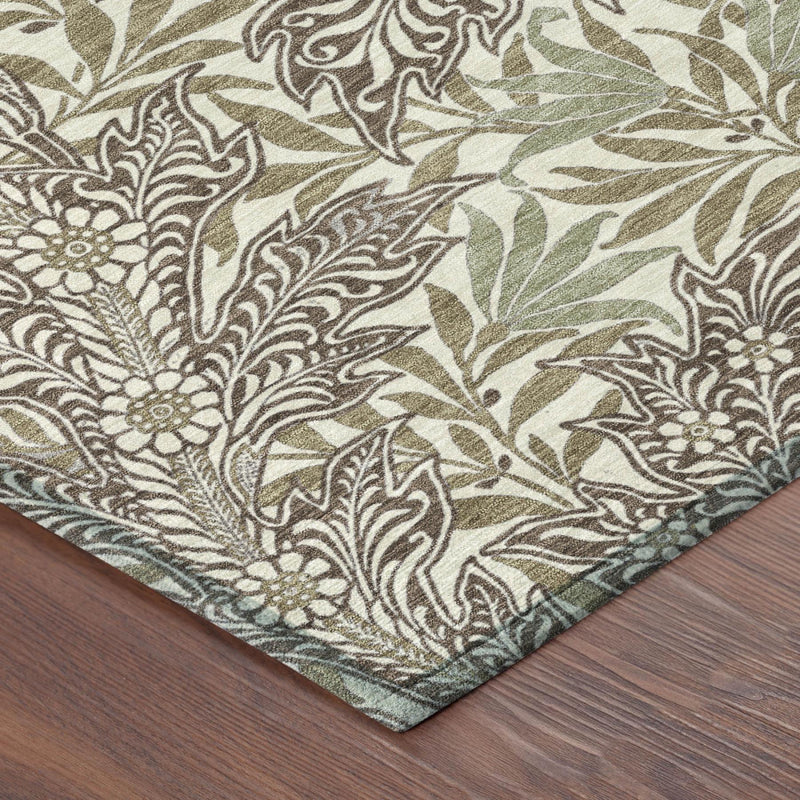 Botanical leaf area rug corner with scrolling vines in beige, brown, and sage green