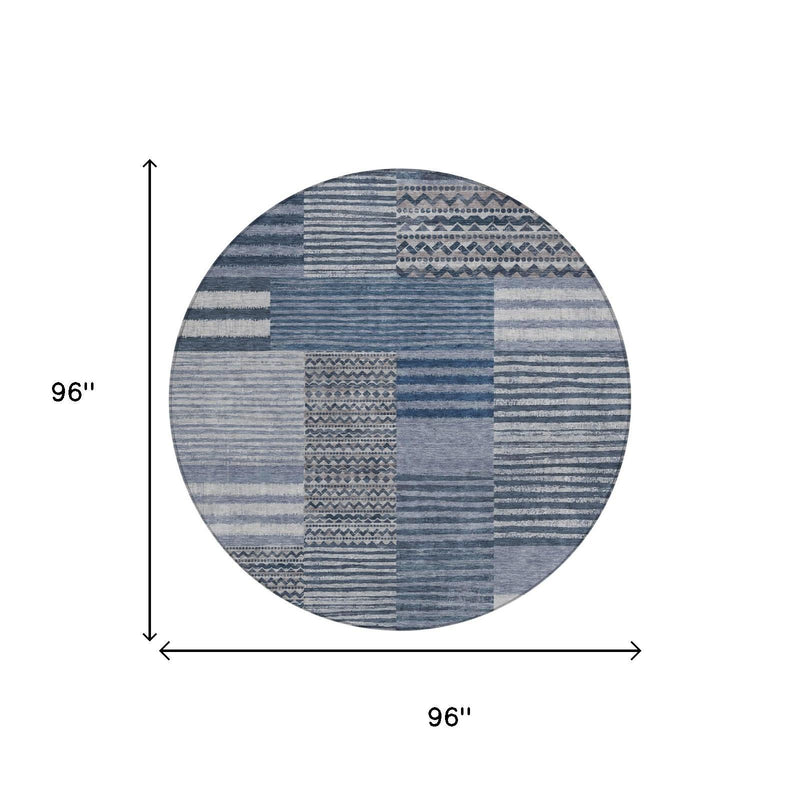 96 in round blue and gray striped area rug with geometric patchwork center