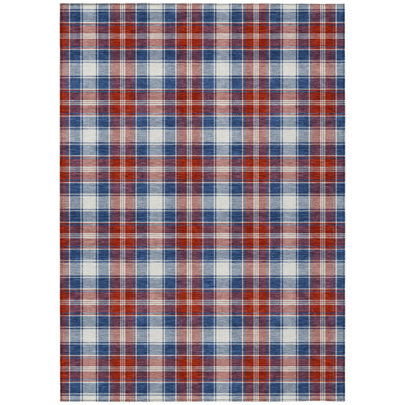 Rectangular blue and ivory geometric plaid area rug with red stripe accents