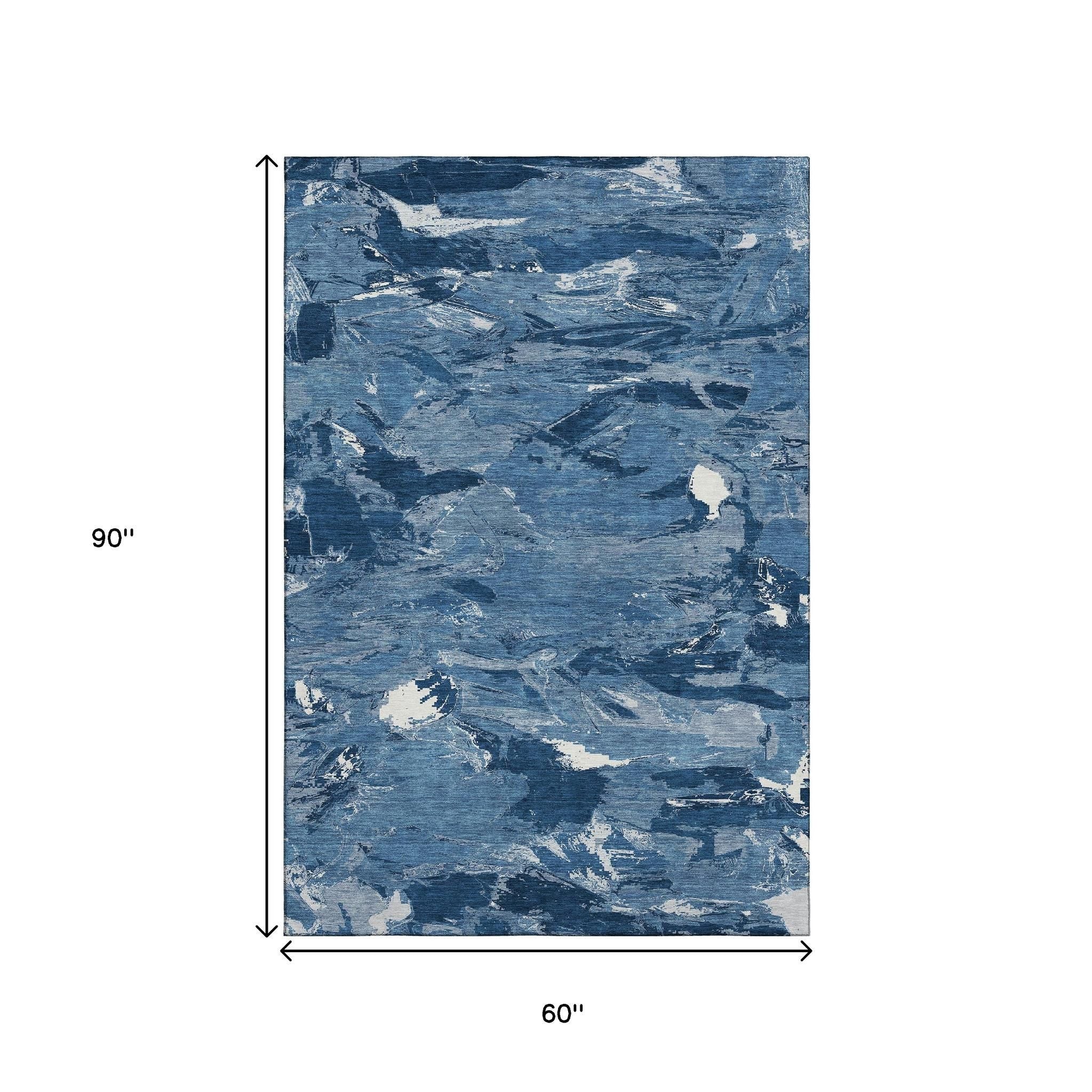 5' X 8' Navy Blue And Ivory Abstract Washable Area Rug With UV Protection - Home & Garden
