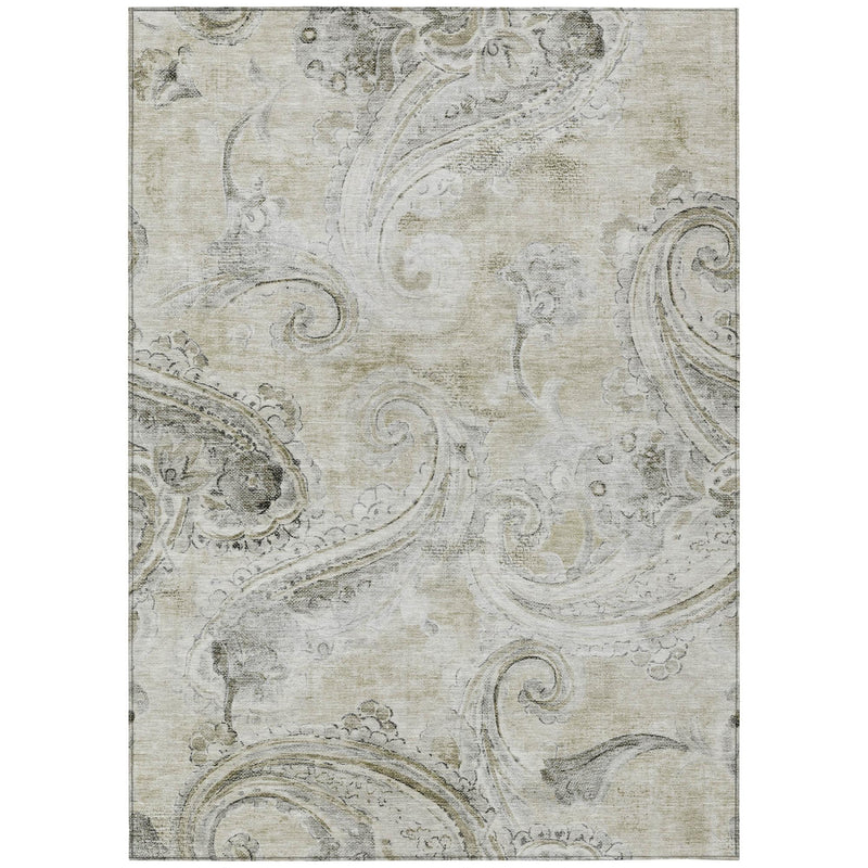 Indoor outdoor area rug featuring khaki background with brown-gray paisley medallion