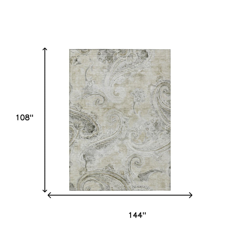 Khaki area rug with brown-gray paisley pattern, size 9 ft x 12 ft