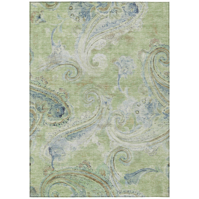 Square rug with light green background and layered silver-blue paisley scrollwork