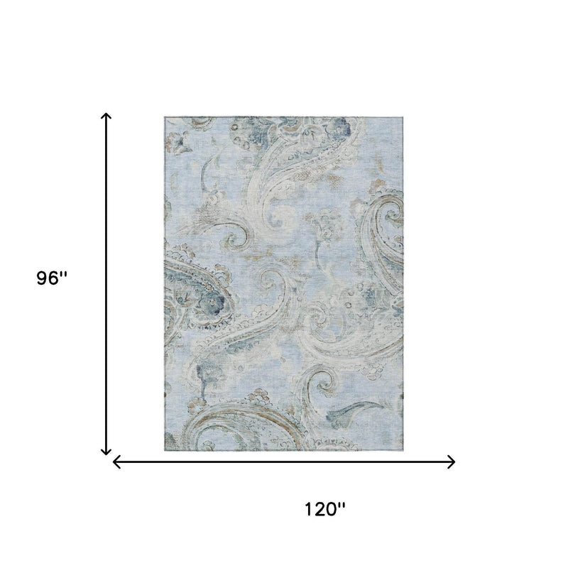 Light blue paisley washable area rug, 8 ft x 10 ft (96 in x 120 in)