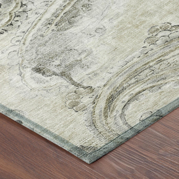Khaki area rug with ornate paisley medallions in dark gray, textured woven look