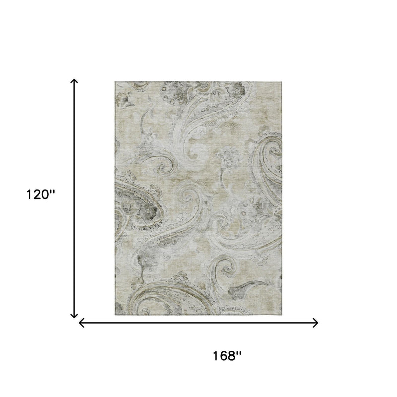 Paisley area rug, light khaki with dark gray swirls; 168 in by 120 in