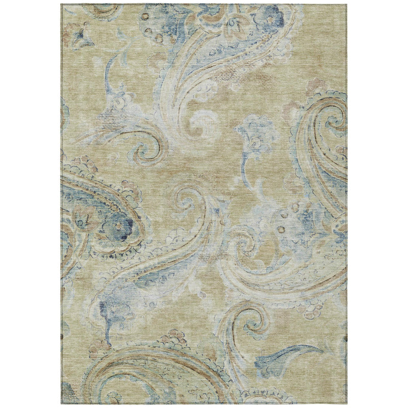 Wheat and light-blue paisley rectangular area rug with swirling ornament motifs.
