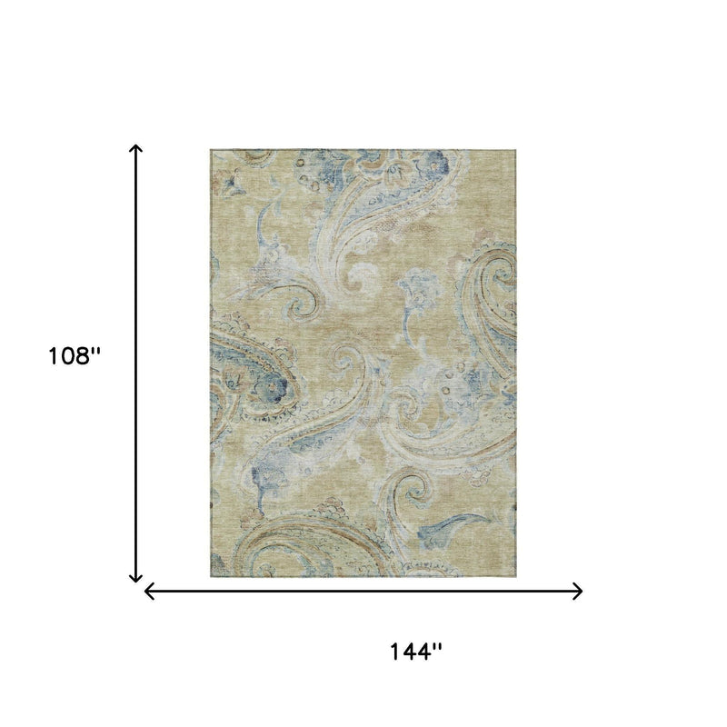 Rectangle paisley area rug, wheat with light-blue accents; shown with 108 x 144 in.