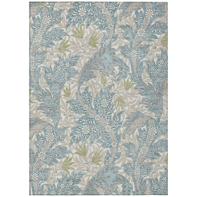 Teal blue and pewter botanical leaves area rug with detailed floral and scroll design