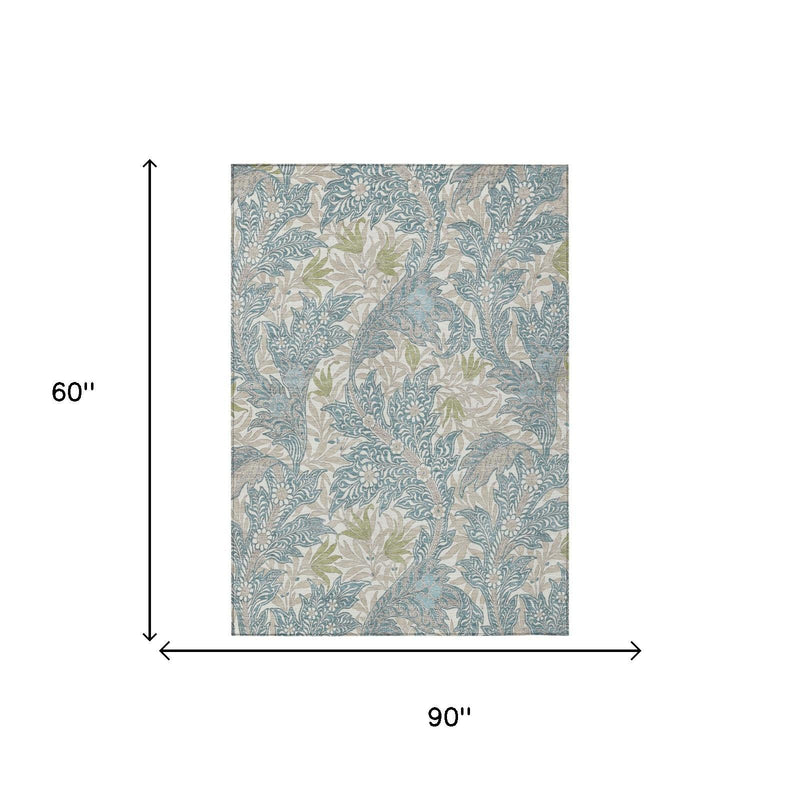 Teal blue botanical leaf area rug, 90 in x 60 in, floral scroll pattern