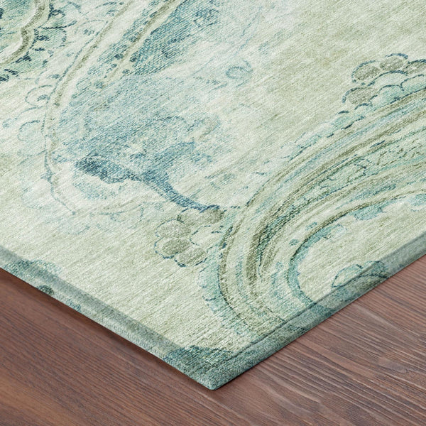 Sage and teal paisley area rug with distressed swirls and soft low-pile texture
