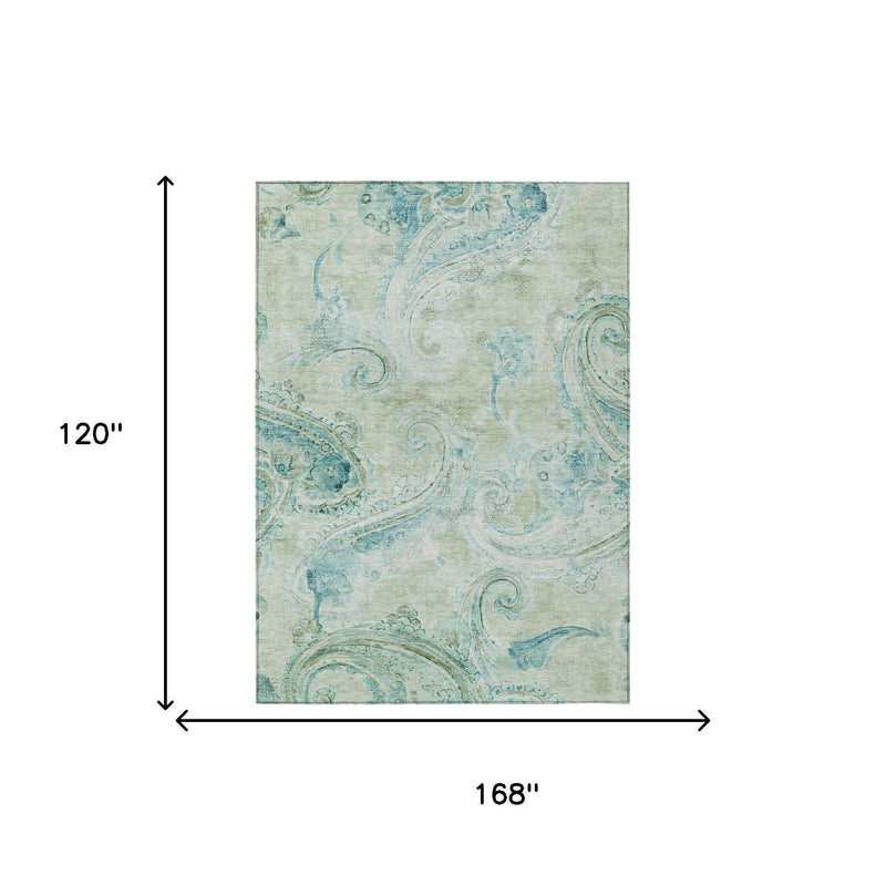 Sage-green and teal paisley indoor outdoor area rug, square with even border