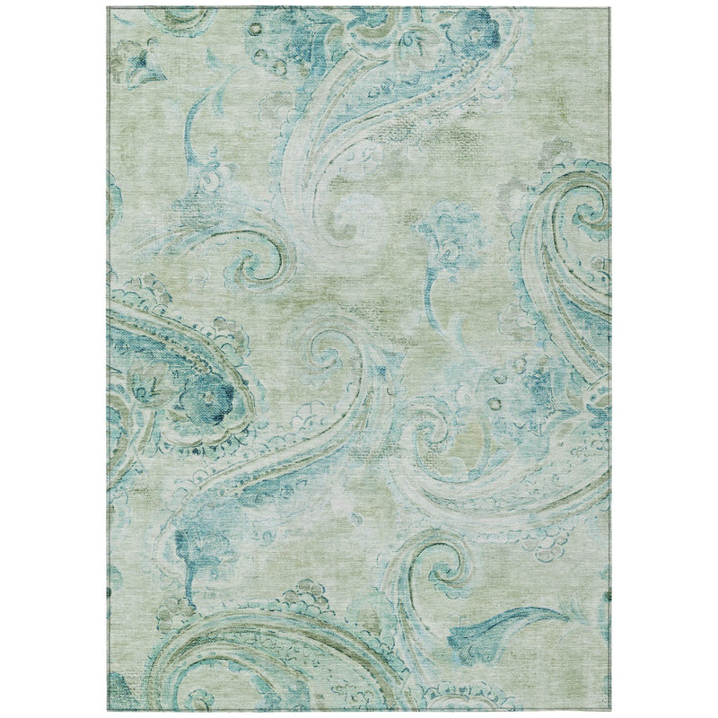 Sage-green and teal paisley pattern area rug with ornate swirling details