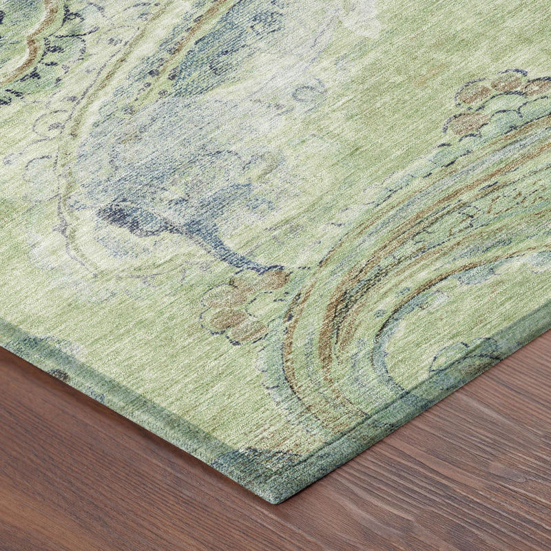 Corner view of green and silver paisley area rug on hardwood floor