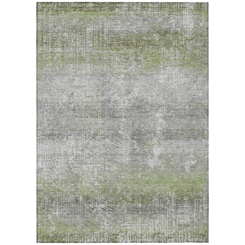 Abstract area rug in fern green and gray with distressed, washable texture