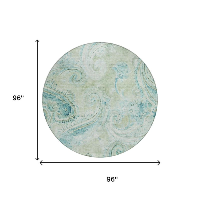 Round area rug, 96-inch size, sage green with blue and teal paisley motifs