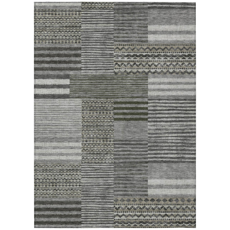 Pewter and gray patchwork area rug with horizontal stripes and geometric motifs