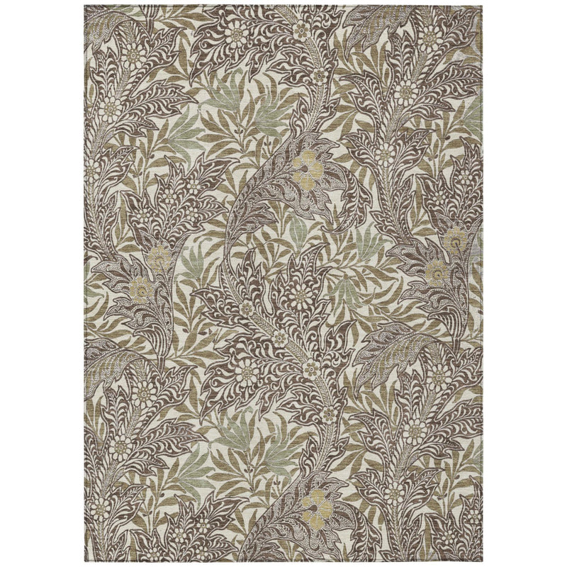 Botanical leaf area rug with detailed scrolling pattern in beige and coffee brown