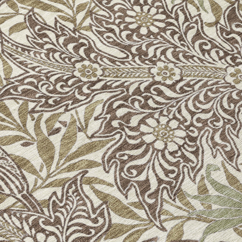 Botanical leaf rug close-up with beige base and coffee brown linework