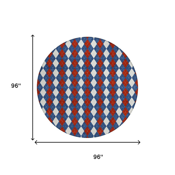96-inch round area rug, navy blue/ivory/rust diamond geometric pattern