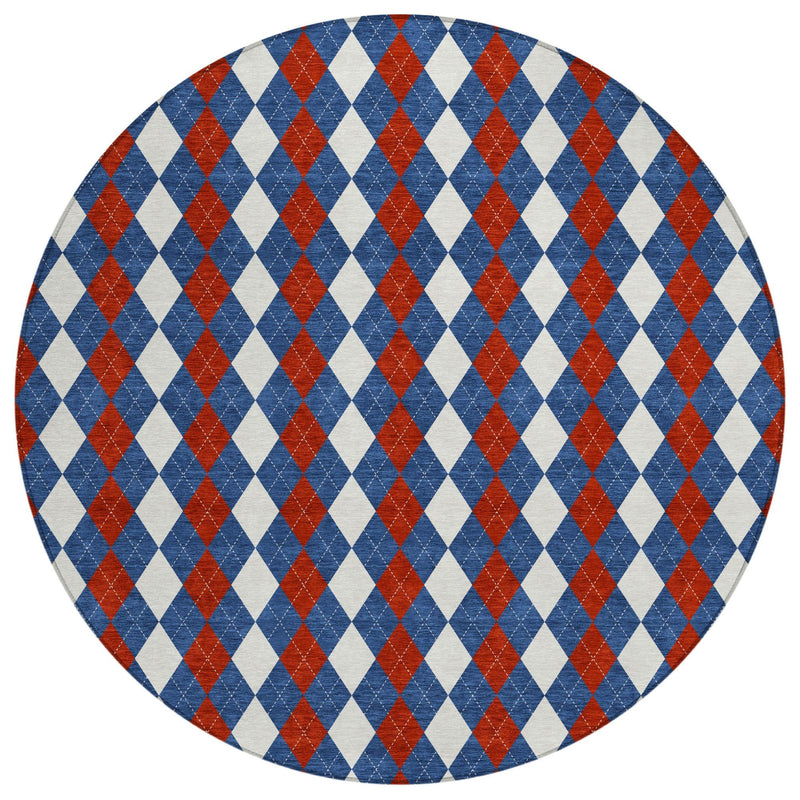 Round area rug with repeating blue, ivory and rust diamond geometric pattern