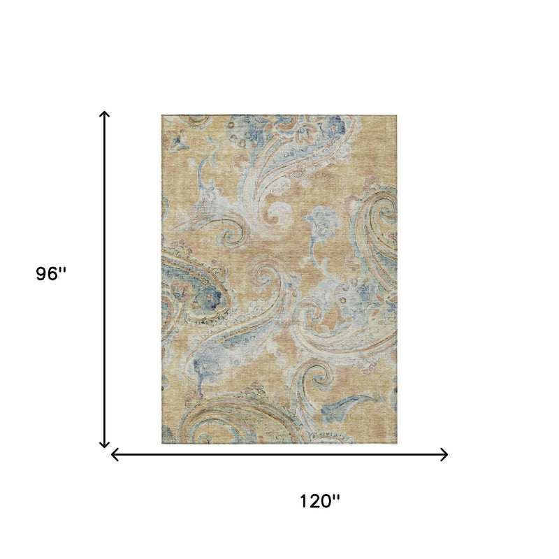 Rectangular area rug with beige and light blue paisley design