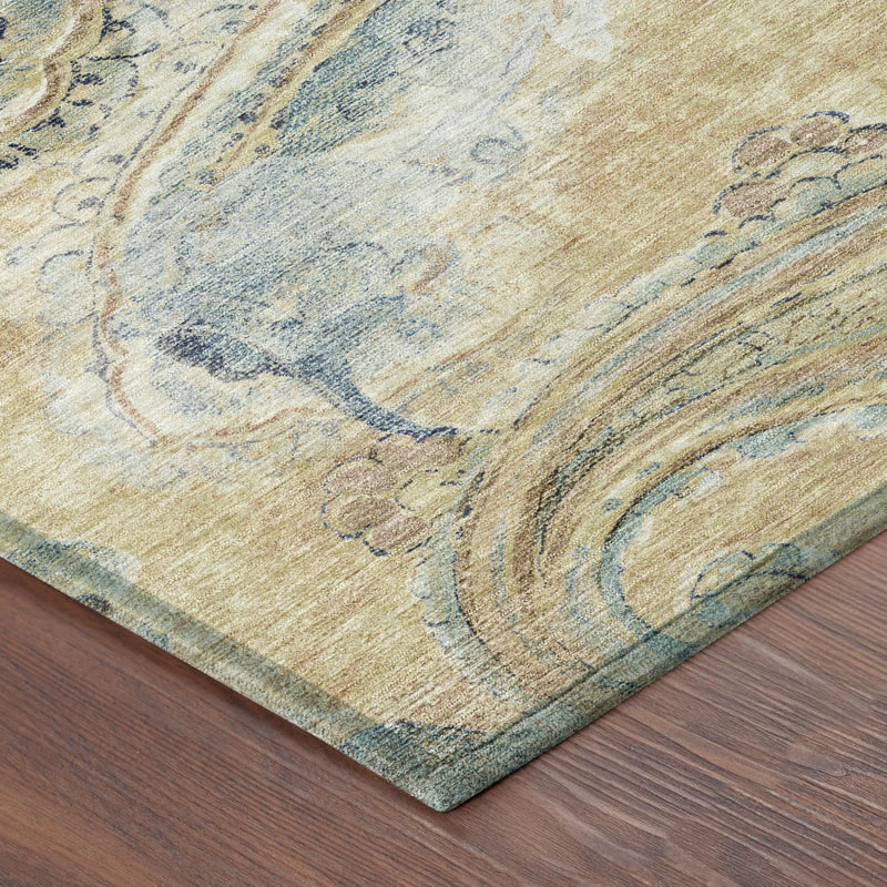 Rectangular area rug corner with beige and light blue paisley pattern on low pile