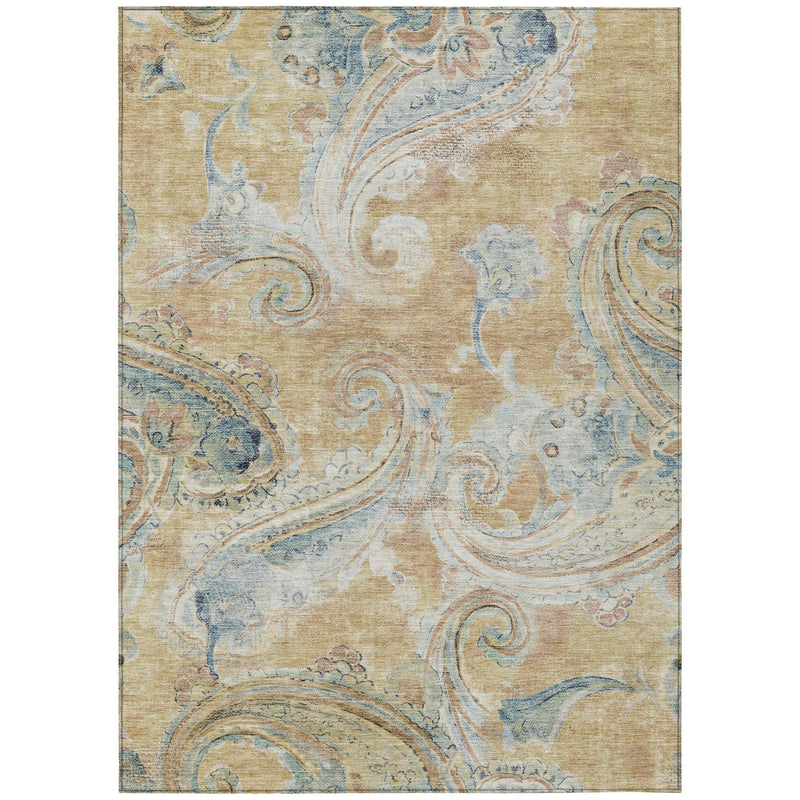 Rectangular washable area rug featuring beige base with swirling light blue paisleys