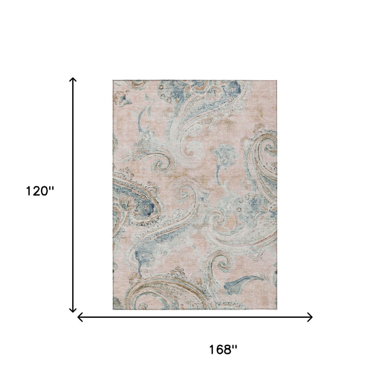 Rectangular area rug dimensions diagram: 168 in by 120 in, pink and blue paisley