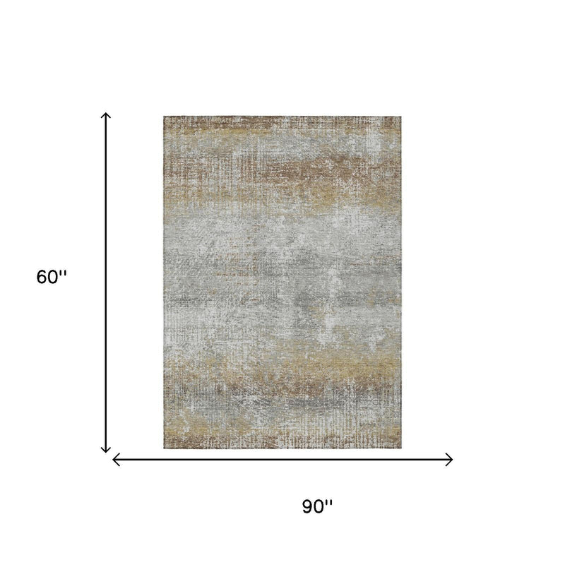 Abstract area rug, 60 in x 90 in; gray with khaki washed distressed pattern