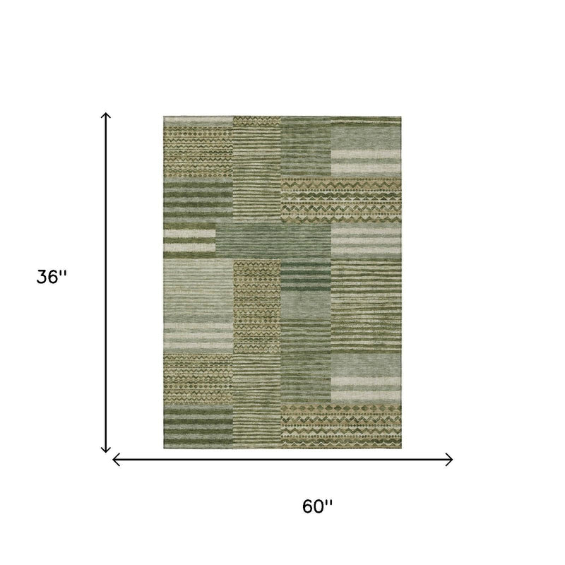 Green and sage striped area rug, 3 x 5 ft with patchwork pattern