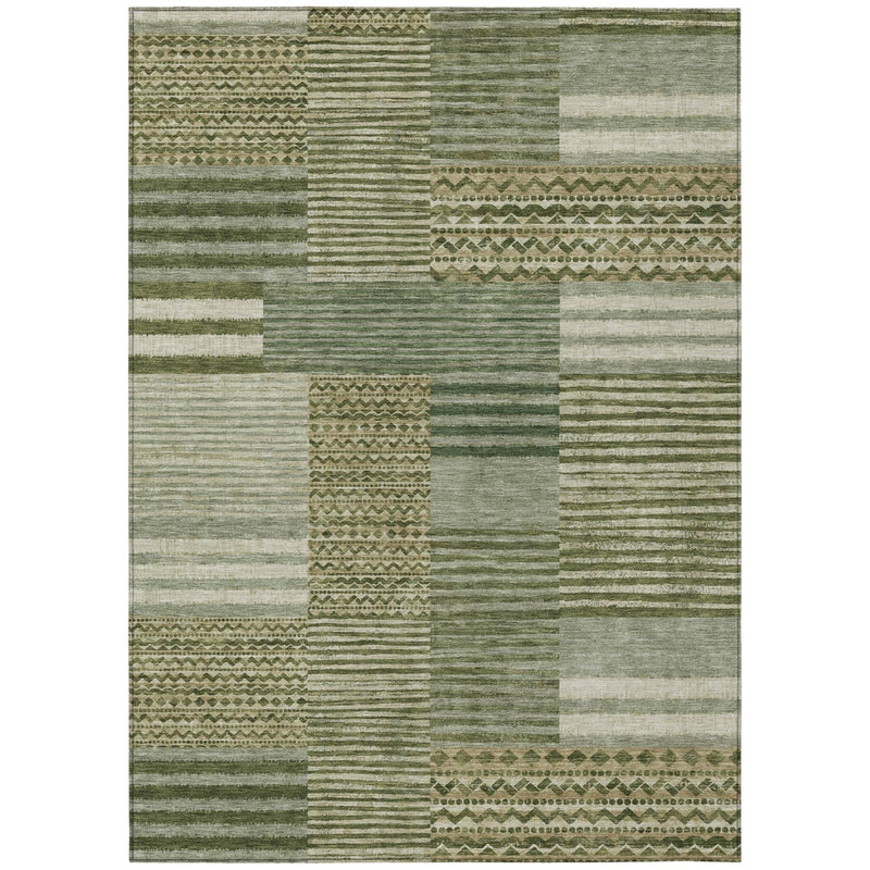 Green and sage textured patchwork rug with stripe bands and decorative borders