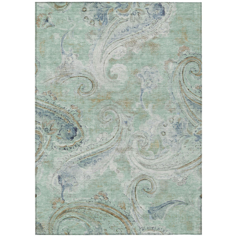 Aqua and teal paisley area rug with symmetrical swirling pattern