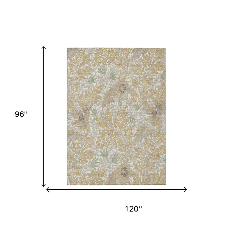 Washable area rug dimensions diagram: 96 x 120 in botanical leaf design