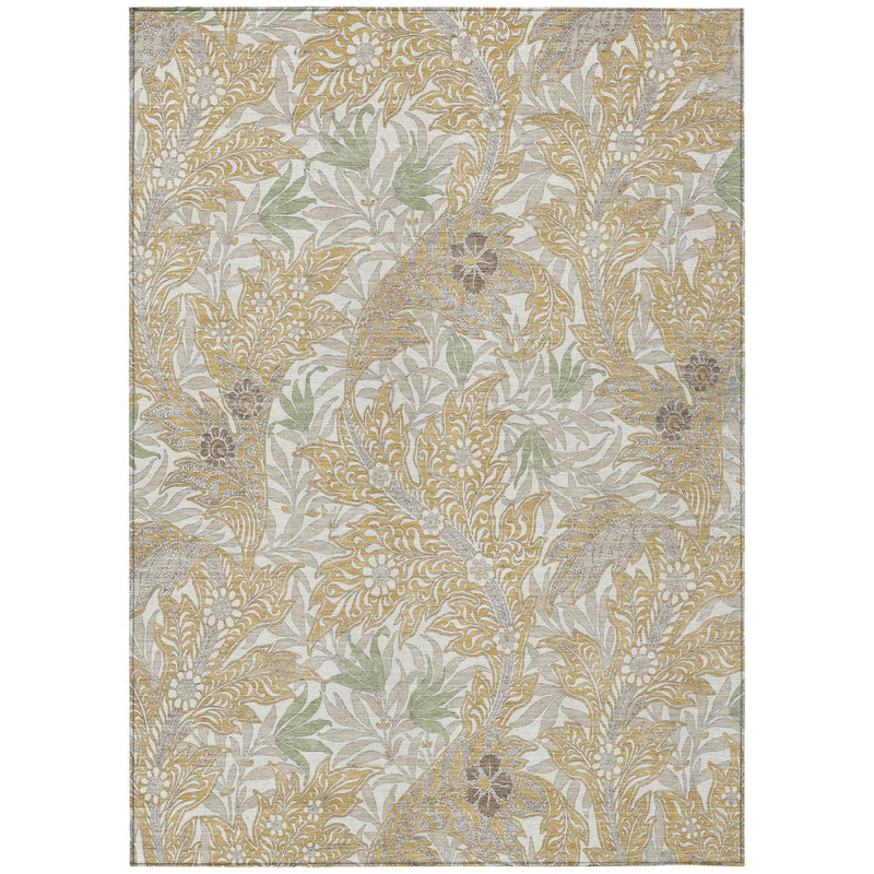 Washable area rug full view with botanical leaves and florals in gold and silver