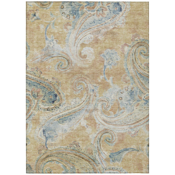 Washable indoor outdoor area rug with beige and light blue paisley medallions