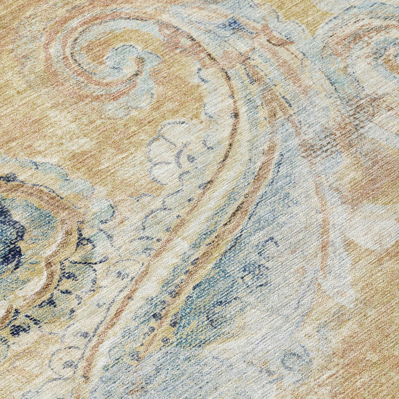 Area rug close-up with beige and light blue swirling paisley motifs