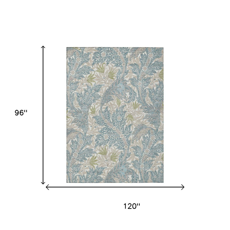 Area rug size diagram: 120 in wide by 96 in long, teal botanical pattern