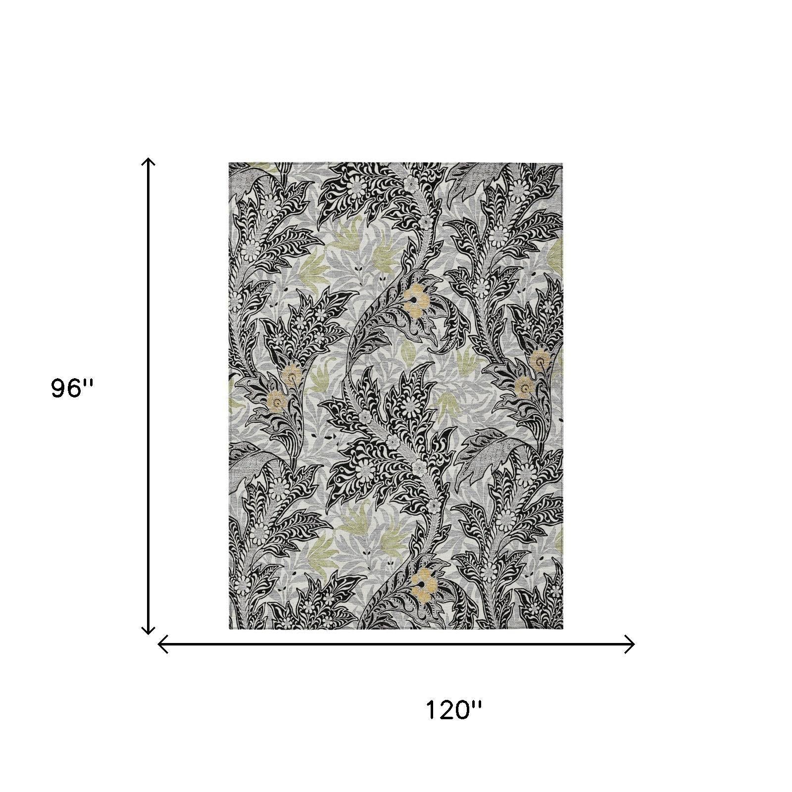 8' X 10' Black And Gray Botanical Leaves Washable Indoor Outdoor Area Rug - Outdoor | blocked-missing-media,…