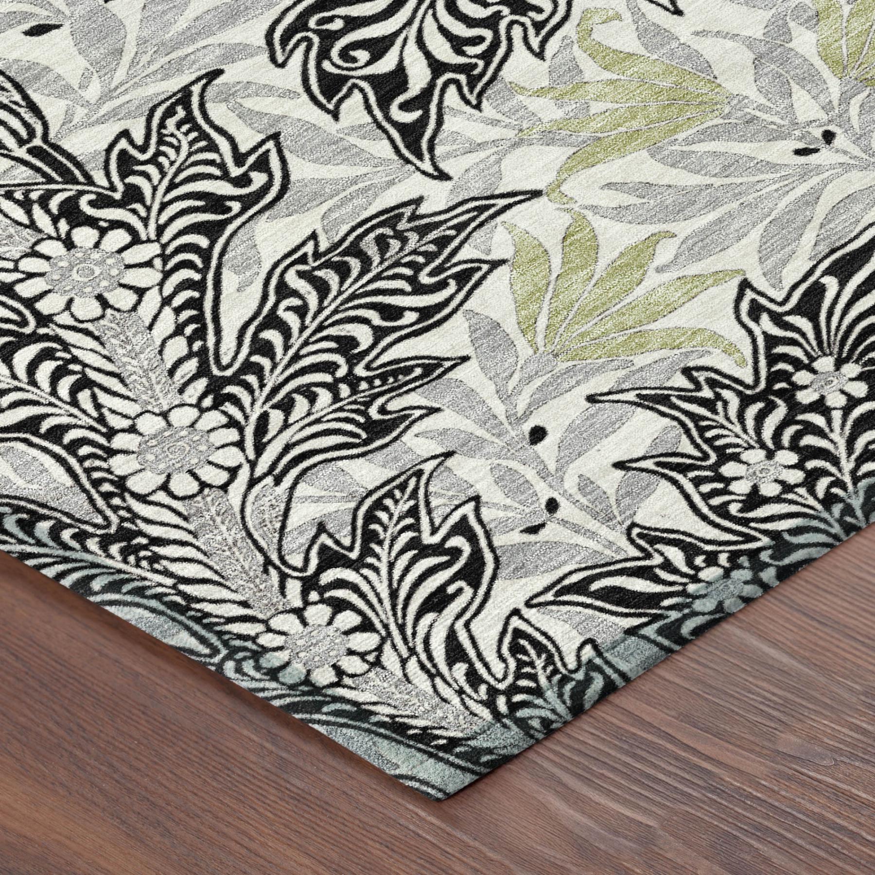 8' X 10' Black And Gray Botanical Leaves Washable Indoor Outdoor Area Rug - Outdoor | blocked-missing-media,…
