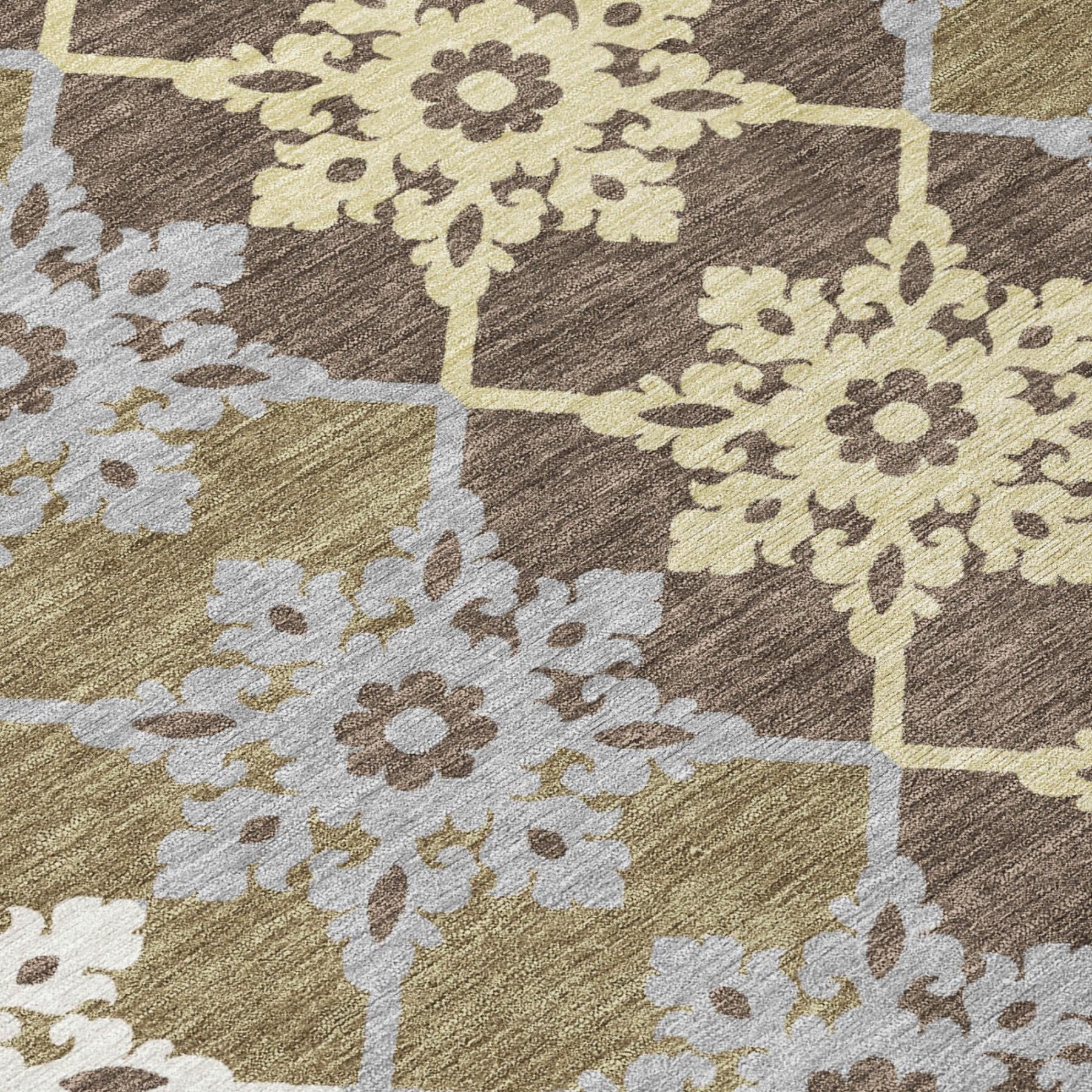 8' Brown And Pewter Round Floral Medallion Washable Indoor Outdoor Area Rug - Sports & Outdoor