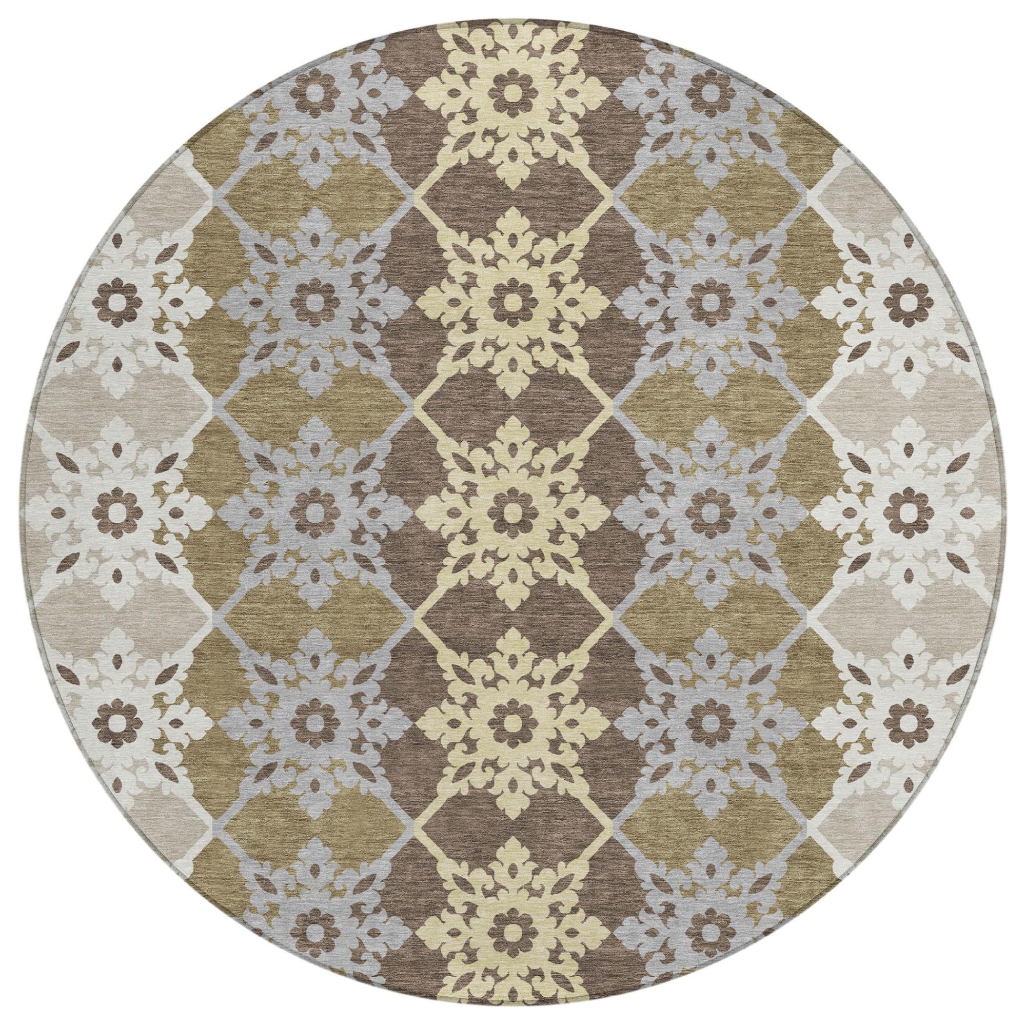 8' Brown And Pewter Round Floral Medallion Washable Indoor Outdoor Area Rug - Sports & Outdoor