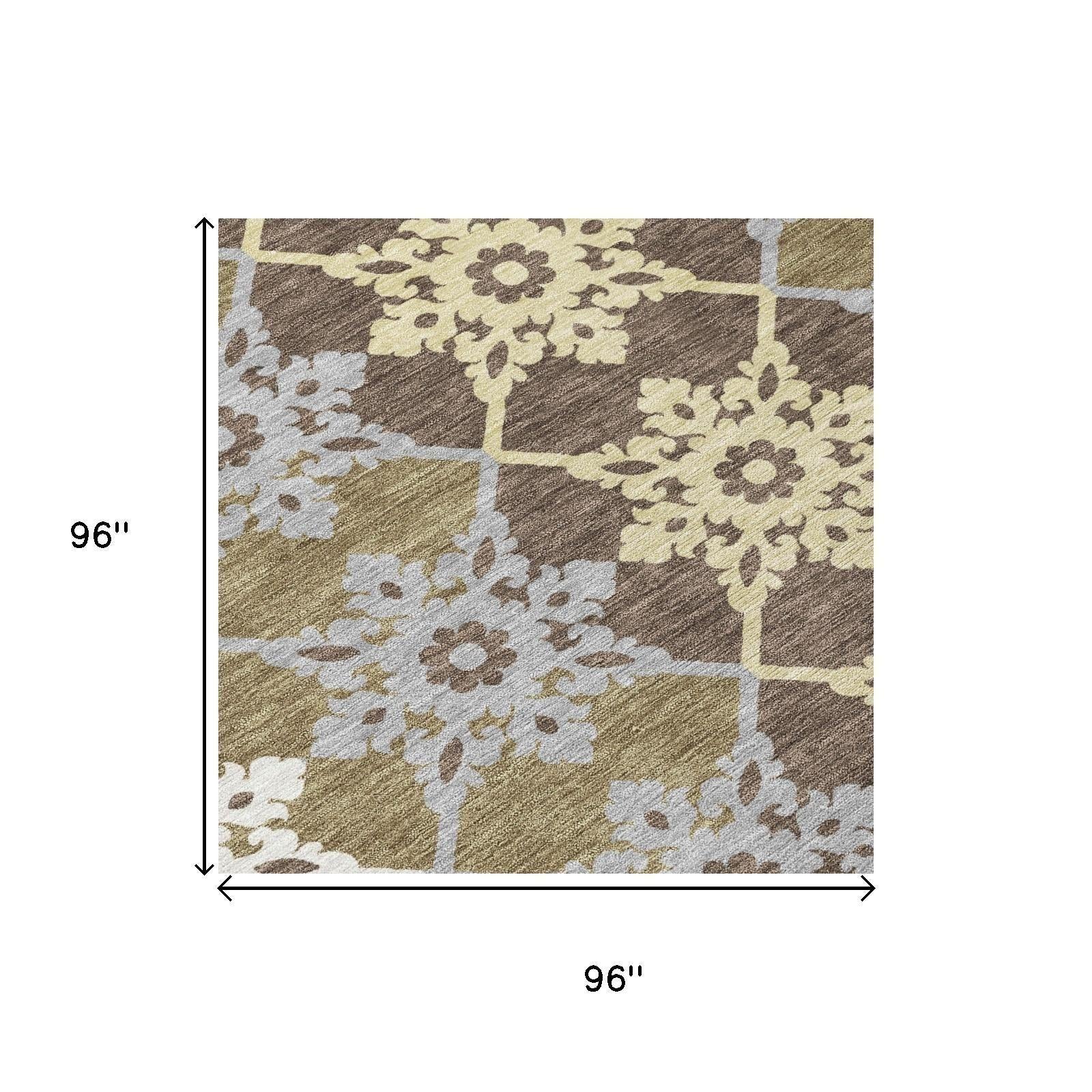 8' Brown And Pewter Round Floral Medallion Washable Indoor Outdoor Area Rug - Sports & Outdoor