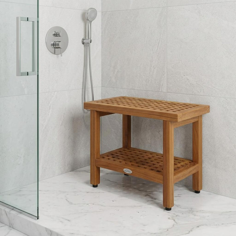 Brown teak shower bench with slatted top and lower shelf in bathroom setting