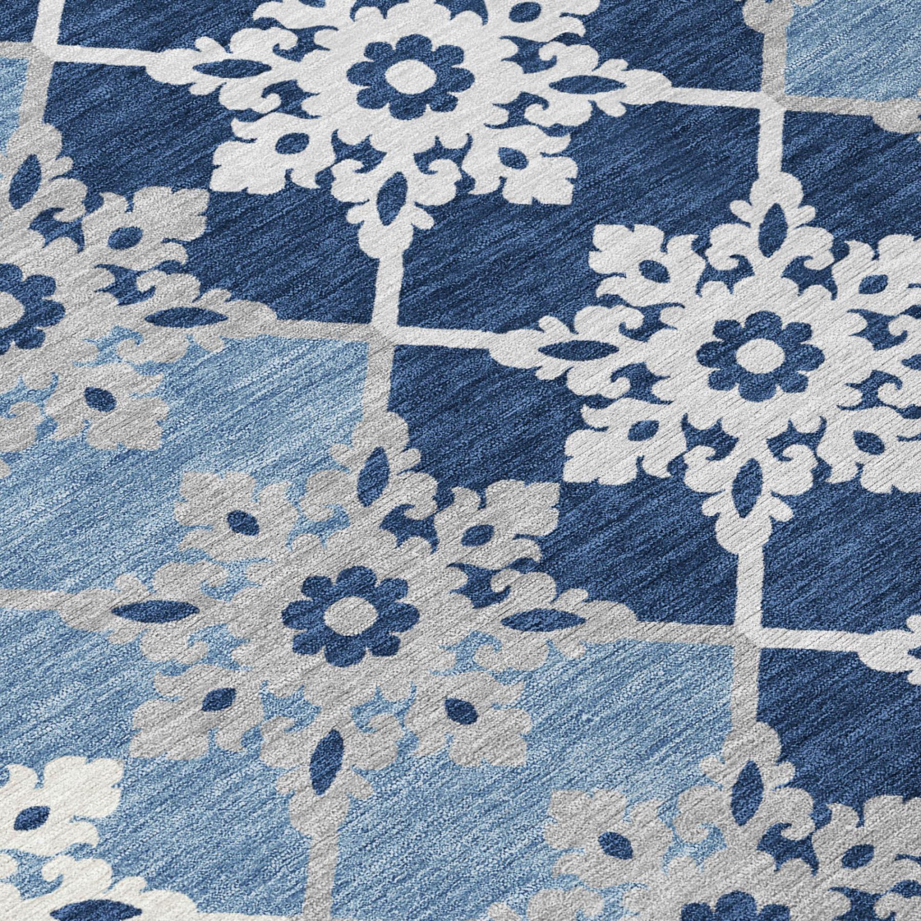 3' X 5' Blue And Pewter Floral Medallion Washable Indoor Outdoor Area Rug - Sports & Outdoor