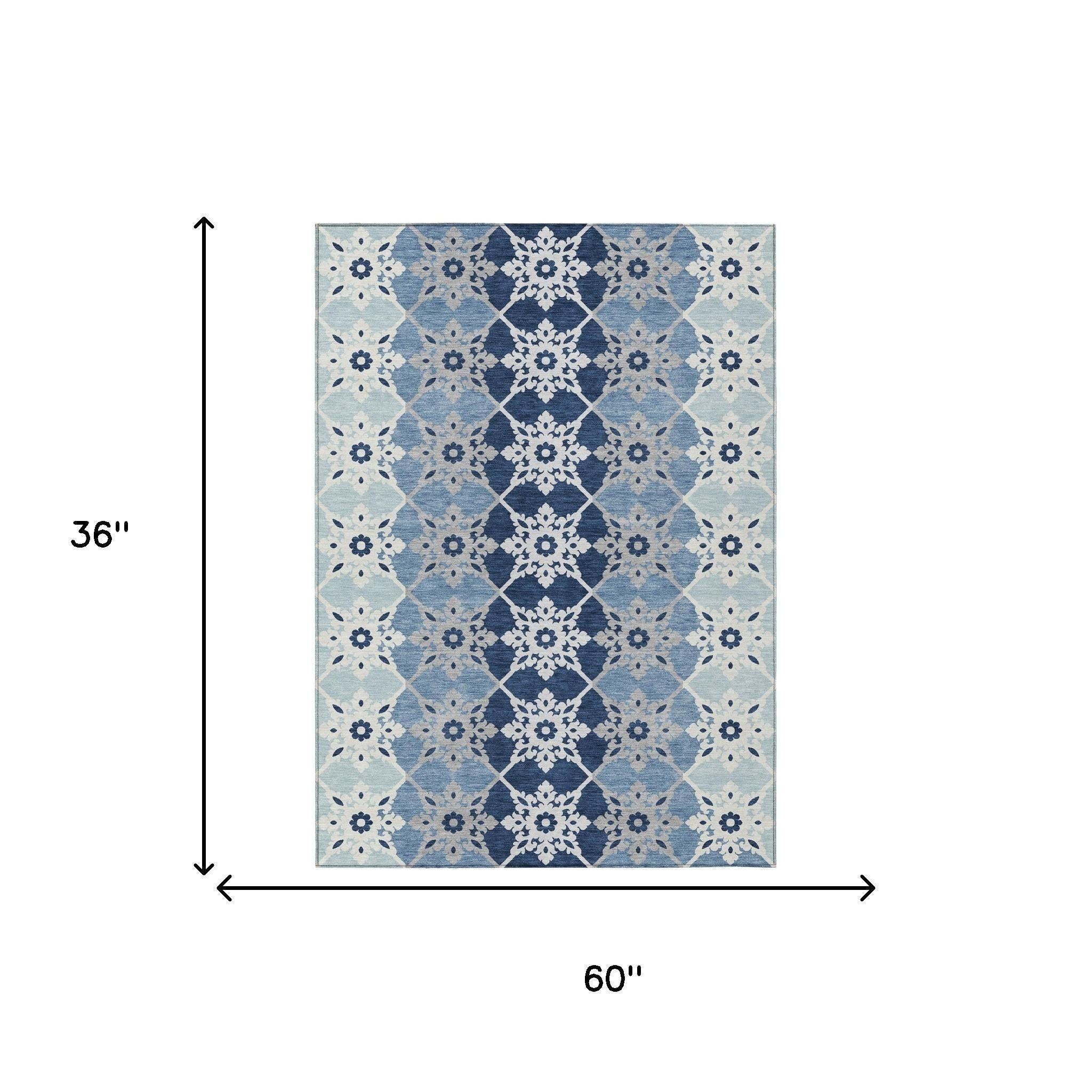 3' X 5' Blue And Pewter Floral Medallion Washable Indoor Outdoor Area Rug - Sports & Outdoor