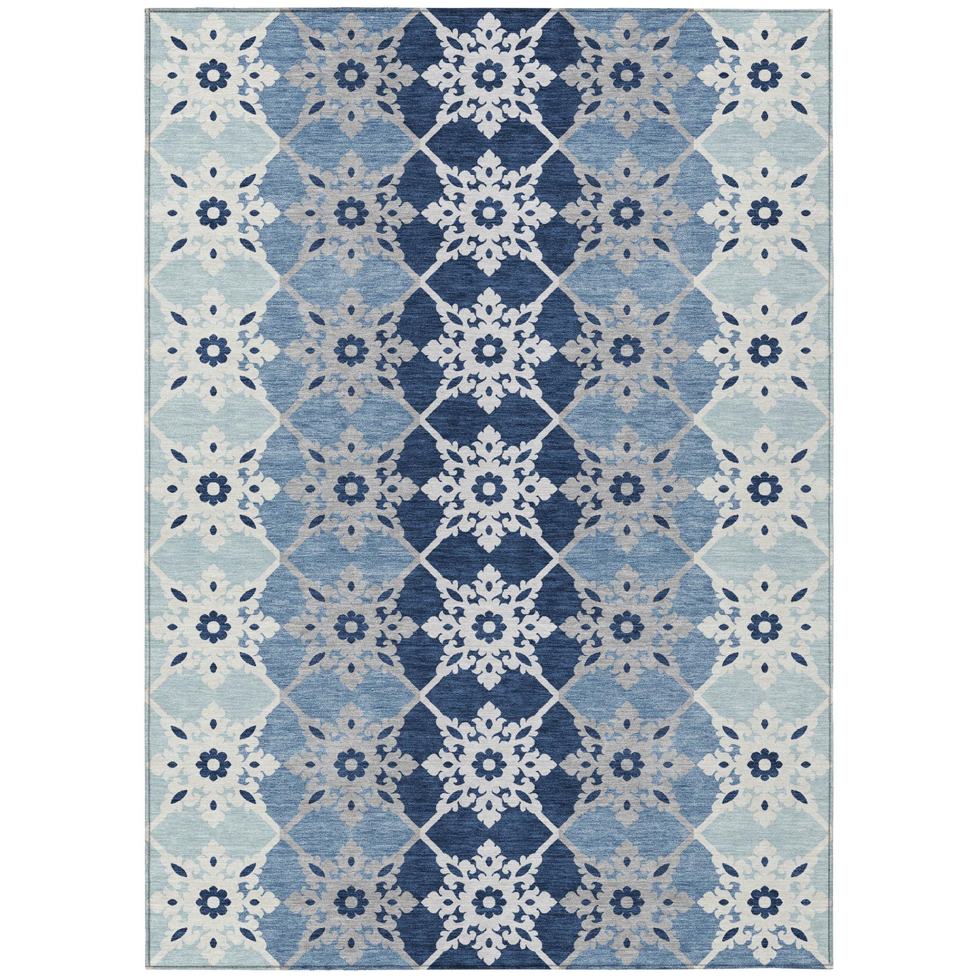 3' X 5' Blue And Pewter Floral Medallion Washable Indoor Outdoor Area Rug - Sports & Outdoor