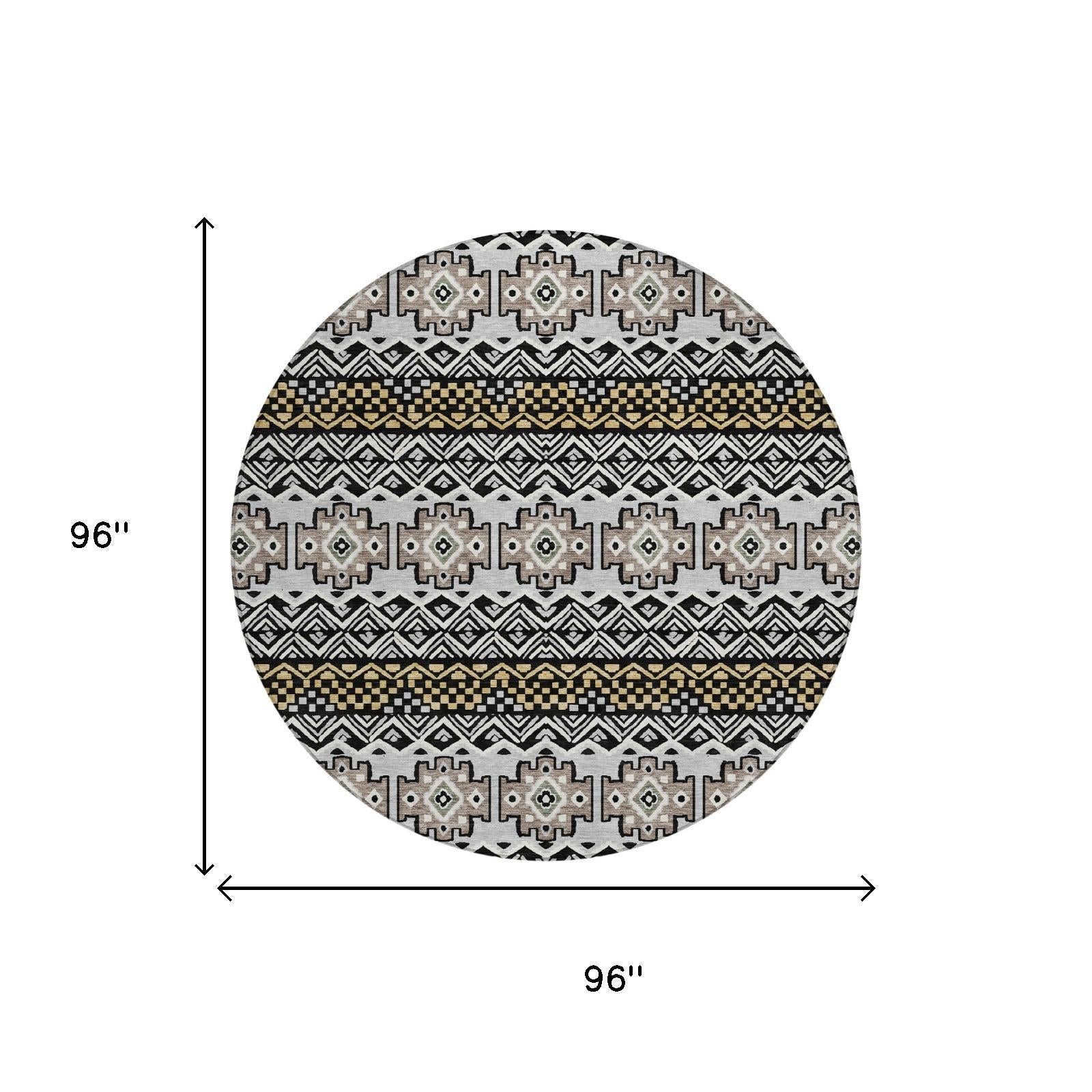 8' Black And Gray Round Striped Washable Indoor Outdoor Area Rug - Sports & Outdoor